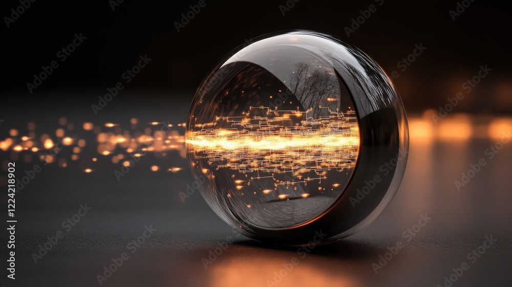 Poster abstract glowing sphere with a dynamic light trail and reflections showcasing energy, motion, and mo