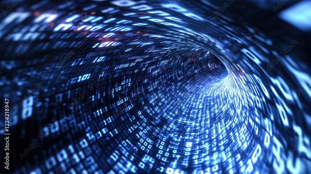 Leinwandbilder Abstract representation of data flowing through a digital tunnel, showcasing blue binary code in a spiral motion, symbolizing technology and information transfer.