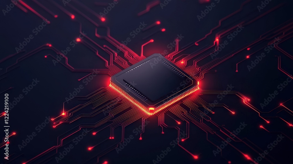 Poster Futuristic computer chip with glowing circuit patterns, showcasing technological advancements in microprocessors and artificial intelligence systems in vibrant red hues