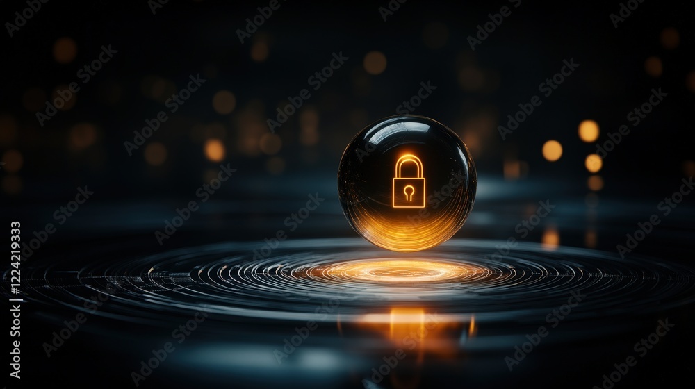 Poster Glowing Lock Symbol Encased in a Transparent Sphere Above a Water Surface with Ripples, Representing Digital Security and Data Protection in a Modern Context