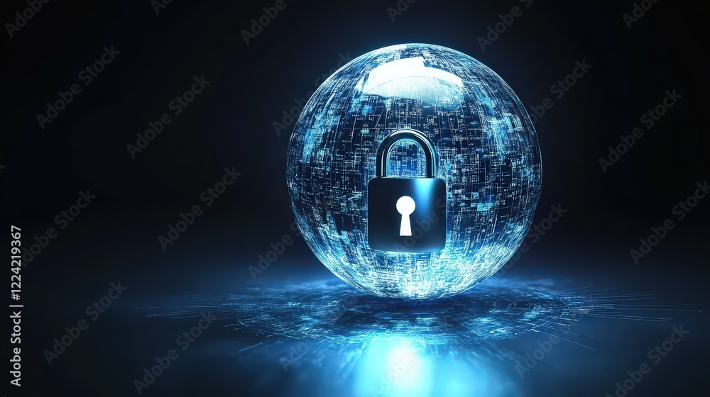 Poster futuristic digital sphere with padlock symbolizing security and privacy in cyber space, representing