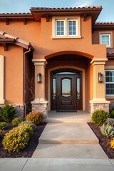 Naklejka premium Orange stucco house exterior with a dark brown front door and landscaping. Modern home design, real estate photography