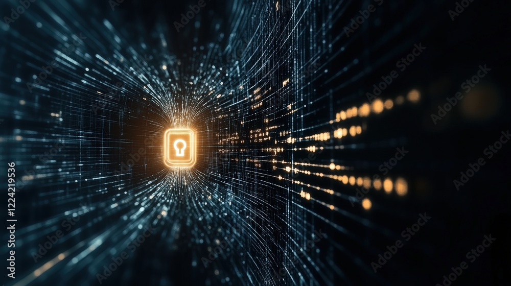 Aufkleber Abstract representation of digital security featuring a glowing lock symbol amidst a burst of data particles in a futuristic virtual space