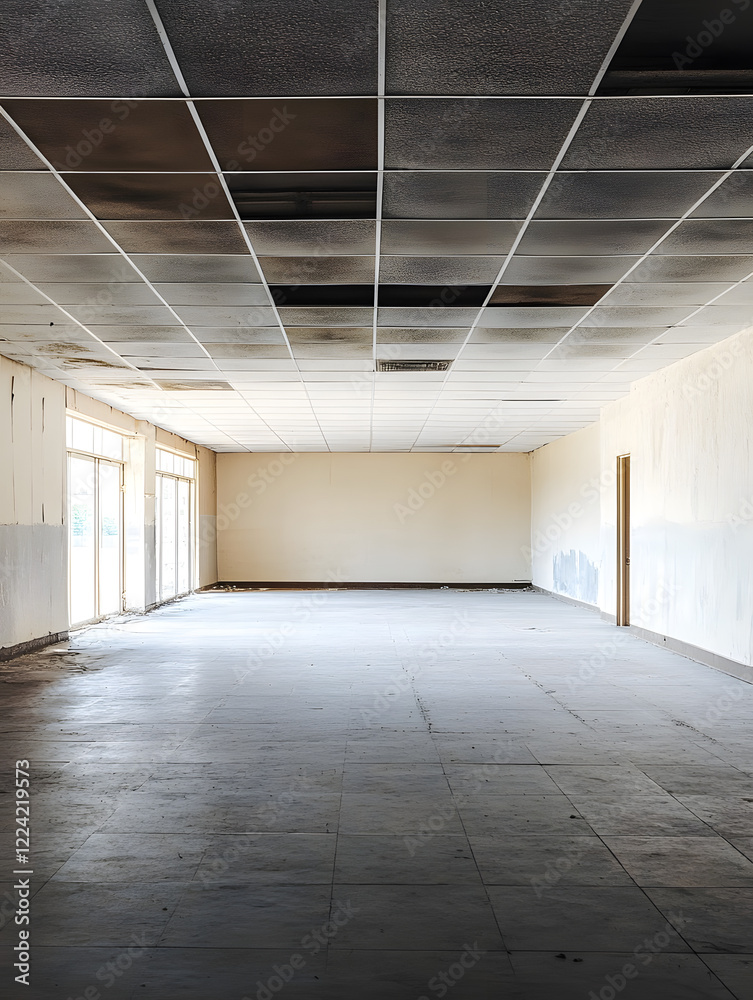 Aufkleber Spacious Empty Urban Room with Tiled Ceiling and Sunlit Windows : Generative AI