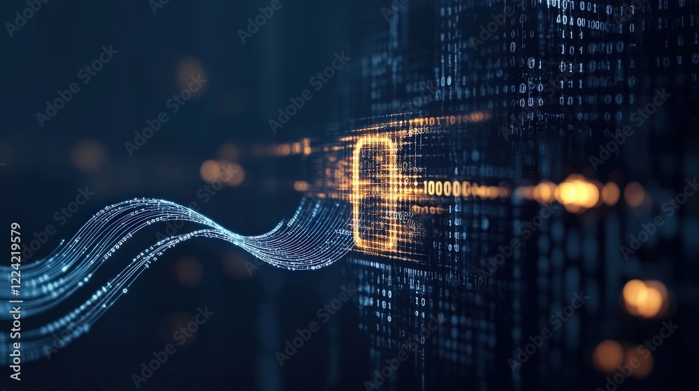 Fototapete Digital Concept of Cybersecurity with Lock Symbol and Binary Code Representing Data Protection and Online Privacy in a Futuristic Environment
