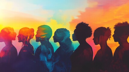 Diverse Silhouettes of Women Against a Colorful Sunrise Background