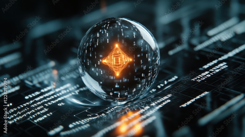 Aufkleber Abstract Digital Sphere with Glowing Core Surrounded by Binary Code and Circuit Pattern, Symbolizing Technology and Information in a Futuristic Context