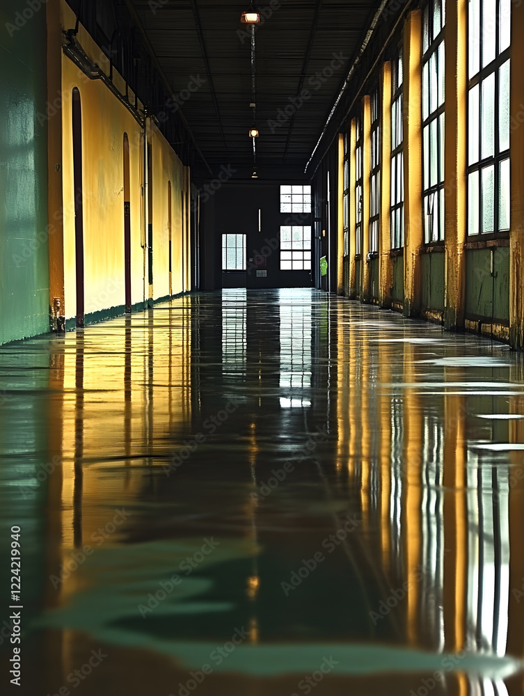 Poster industrial corridor with reflective floor and sunlit windows illumination : generative ai
