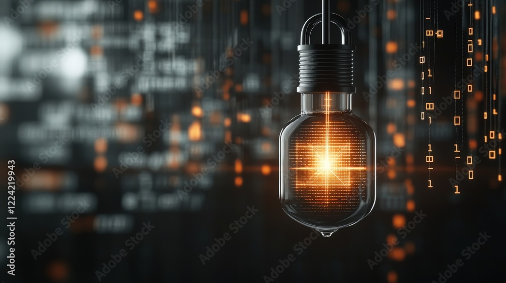 Leinwandbilder Futuristic LED Bulb Illuminating Symbolic Data Stream of Binary Code Against a Dark Background Representing Technology, Innovation, and Digital Transformation