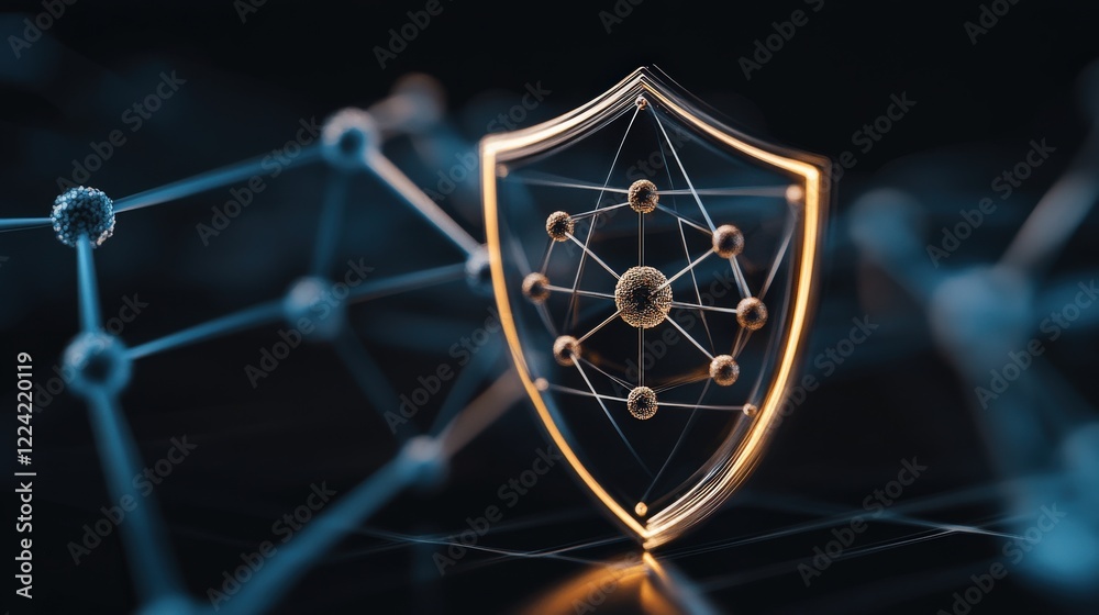 Poster Futuristic Shield Symbol Representing Digital Security and Protection from Cyber Threats with Abstract Network Connections and Data Visualization Elements