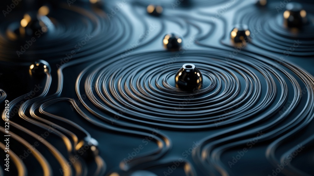 Poster Abstract 3D Modern Art Representation of Circular Patterns and Metallic Spheres on a Dark Background, Creating a Unique Visual Experience for Contemporary Designs and Art Projects