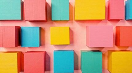Brightly Colored Wooden Cubes Arranged in a Repeating Pattern on a Soft Pink Background