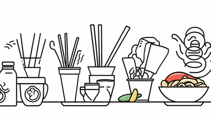 Asian takeout food, chopsticks, drinks, and containers on a counter.  Perfect for food blogs or restaurant menus