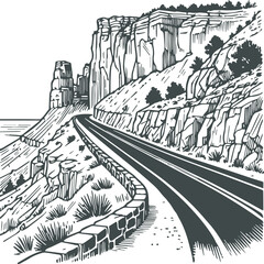 A black and white line drawing of a road with cliff
