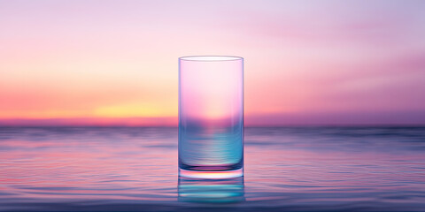 A serene glass stands in tranquil water, reflecting vibrant hues of sunset, evoking a sense of calm and beauty.