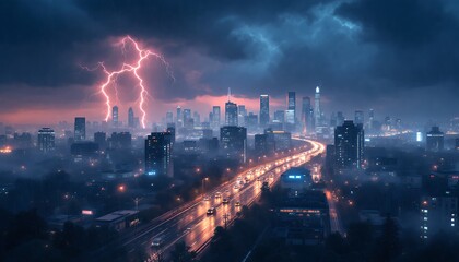 Fototapeta premium Stormy Cityscape: Lightning Strikes over a Metropolis at Night
