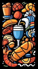 Brazilian food and drinks illustration; vibrant, colorful cartoon style; perfect for menus, travel guides, or food blogs