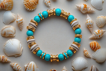 Obraz premium A beautiful bracelet featuring small turquoise beads and gold accents, surrounded by seashells, evokes coastal vibe