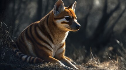 Obraz premium Striped Thylacine in the Australian Bush: A Captivating Portrait of a Rare Marsupial