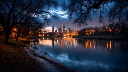 Obraz premium City skyline reflected in calm river at dawn, park trees framing the view; ideal for travel brochures
