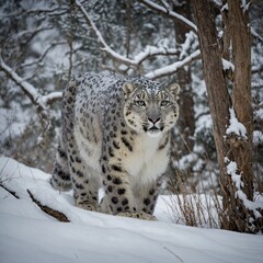 Fototapeta premium A snow leopard emerging from a dense forest of snow-laden pines.