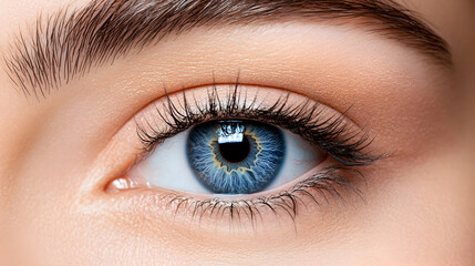 Obraz premium Close-up of a woman's blue eye, eyelashes, and eyebrow; perfect makeup; skincare ad