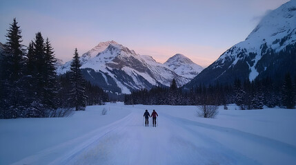 Couple cross-country skiing snowy mountain road at dawn.  Winter landscape, romantic adventure travel