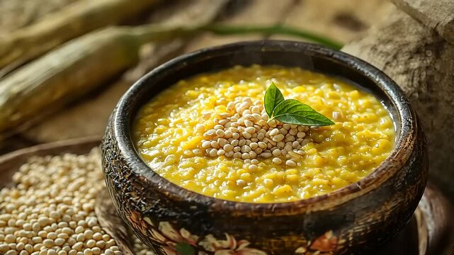 Bowl of millet porridge with garnish on rustic table