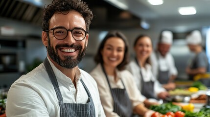 Fototapeta premium smiling group of waiter and waitress at restaurant smiling standing together 