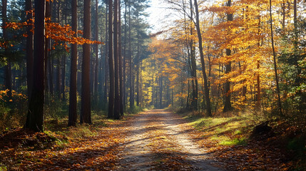 Fototapeta premium Sunlit Forest Pathway in Autumn with Vibrant Foliage and Tall Trees Landscape Photography : Generative AI