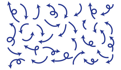 Arrows hand drawn doodle icons set. Curved cartoon arrows sketches collection. Flat and thin pointers illustrations. Scribble swirl arrow signs.