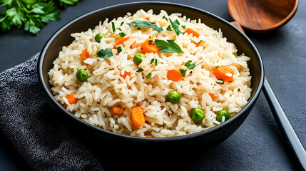 Delicious vegetable rice in bowl, kitchen setting, food photography for recipe websites