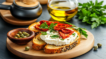 Delicious sun-dried tomato and creamy cheese bruschetta on rustic wooden board, olive oil and capers. Perfect for food blogs