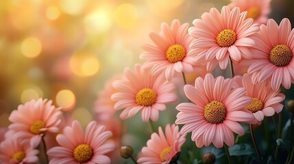 Obraz premium dreamy springtime pink daisy flower field background,soft sunlight peaceful flower field