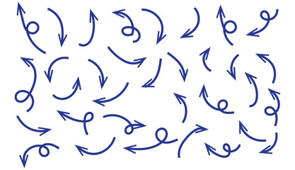 Arrows hand drawn doodle icons set. Curved cartoon arrows sketches collection. Flat and thin pointers illustrations. Scribble swirl arrow signs.