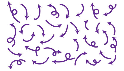 Arrows hand drawn doodle icons set. Curved cartoon arrows sketches collection. Flat and thin pointers illustrations. Scribble swirl arrow signs.