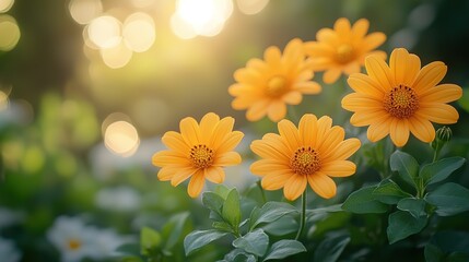 Obraz premium dreamy springtime yellow cosmos flower background,soft sunlight peaceful flower field