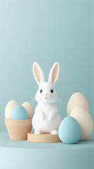 Obraz premium Easter bunny sitting on a platform with pastel eggs, minimalist blue background; greeting card design