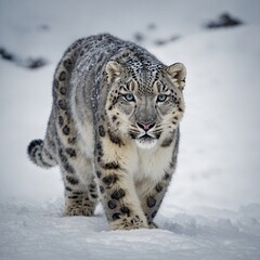 Fototapeta premium A snow leopard stepping softly through knee-deep snow in a serene valley.