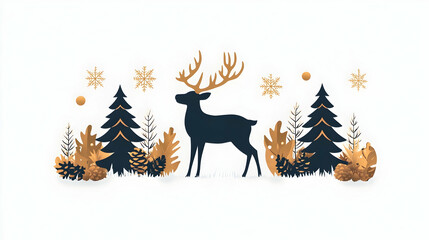 Elegant gold & navy reindeer winter scene; festive holiday greeting card design