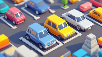 Fototapeta premium a 3D game asset simple cartoonish of a parking lot with just a few cars minimalist in a 3 hex shape