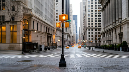 Empty city street, early morning, financial district, New York. Use Website, article, presentation background