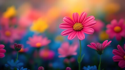 Fototapeta premium dreamy springtime pink flower field background,soft sunlight peaceful flower field