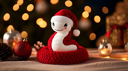 Festive snake in Santa hat, Christmas lights background, holiday greeting card