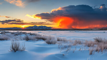 Obraz premium Fiery sunset over snowy plains and mountains. Dramatic sky, winter landscape, nature photography, travel backdrop