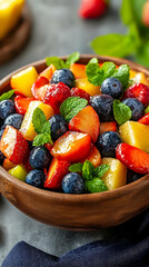 Obraz premium Fresh fruit salad in wooden bowl, summer dessert, kitchen counter background, healthy eating