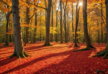 Fototapeta premium Autumn Forest Scene: Golden Sunlight Illuminates Red Leaves and Majestic Trees