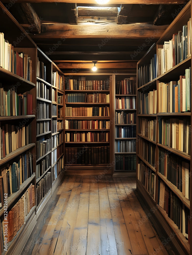 Poster quaint bookshelf aisle in vintage library filled with classic literature : generative ai