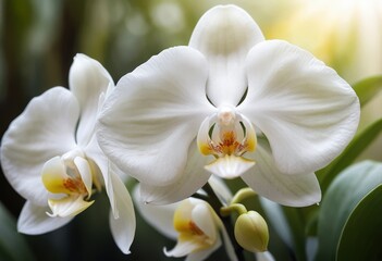 Naklejka premium Close-up of Elegant White Phalaenopsis Orchids in Bloom with Yellow Centers