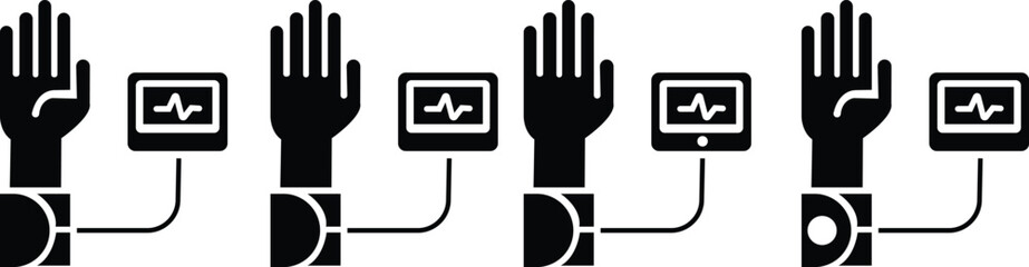 Blood Pressure human hand icon set, Blood Pressure Monitor vector graphic design elements, Heartbeat line, Cardiogram icons, sign. Heart pulse silhouette, Emergency Services, on transparent background